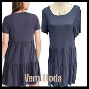 Vero Moda Navy Tiered Design Short Sleeve Dress (L)